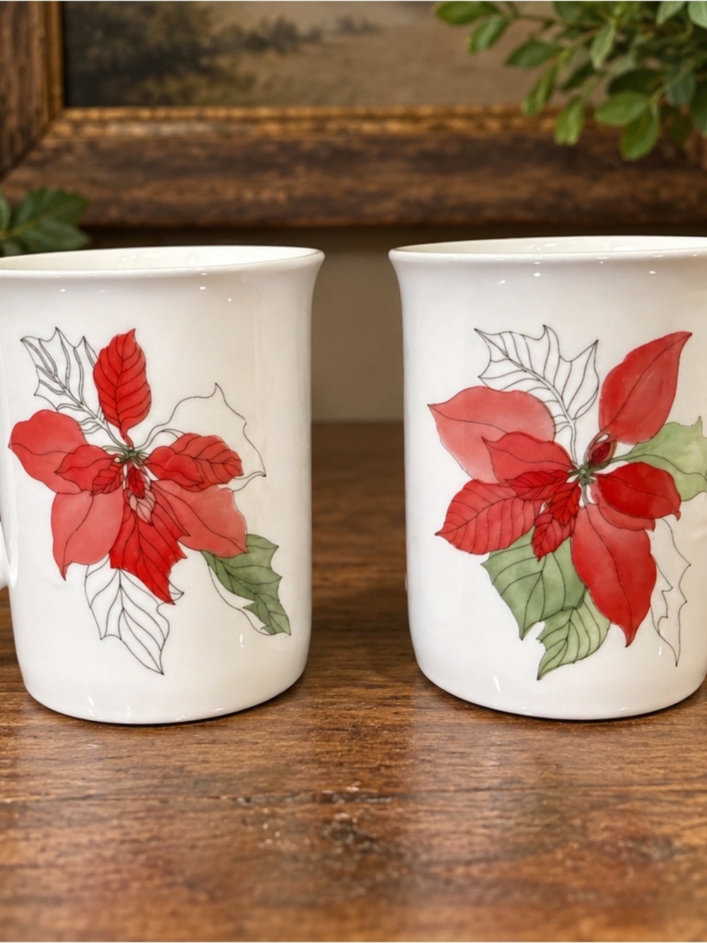 Vintage 1982 Block Spal Poinsettia Mugs Set of 2 Mary Lou Goertzen Portugal